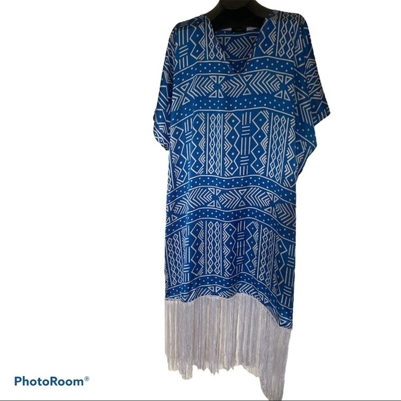 Adam Couture luxury  silky blue white urban print fringe maxi kaftan dress - Picture 1 of 12